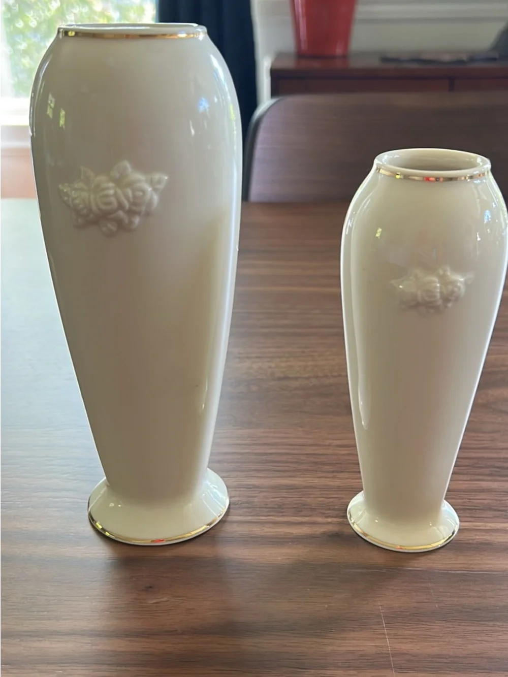 Lenox Cream Ceramic Rose Relief Vases with Gold Trim - Pair